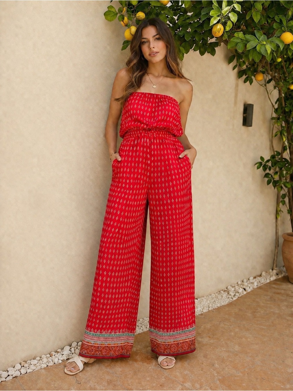 iris Red Strapless Wide-Leg Jumpsuit with Border Hem